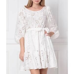 LIU JO MILANO White Eyelet‎ Cotton Dress Belted Puff Sleeve Tiered Mini